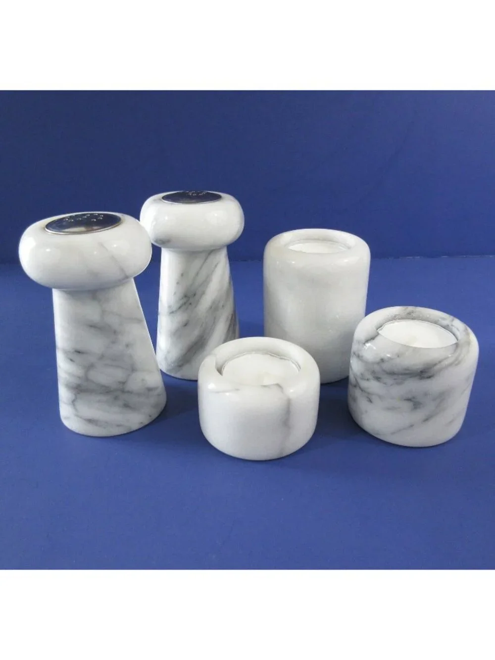 Vintage Gray & White Natural Stone Marble Salt & Pepper Shakers & Candle Holders